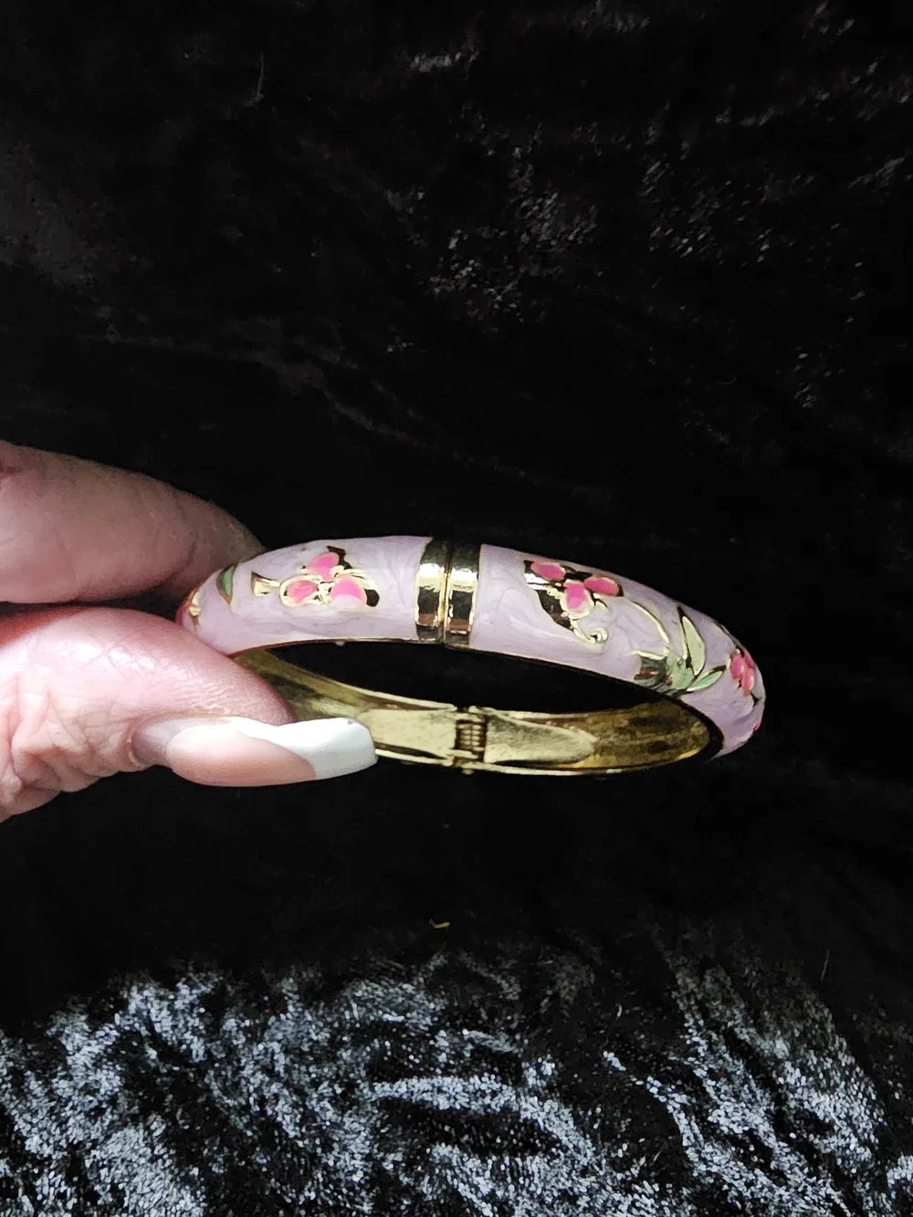 Gold-Tone Pink Floral Enamel Hinged Bangle Bracelet